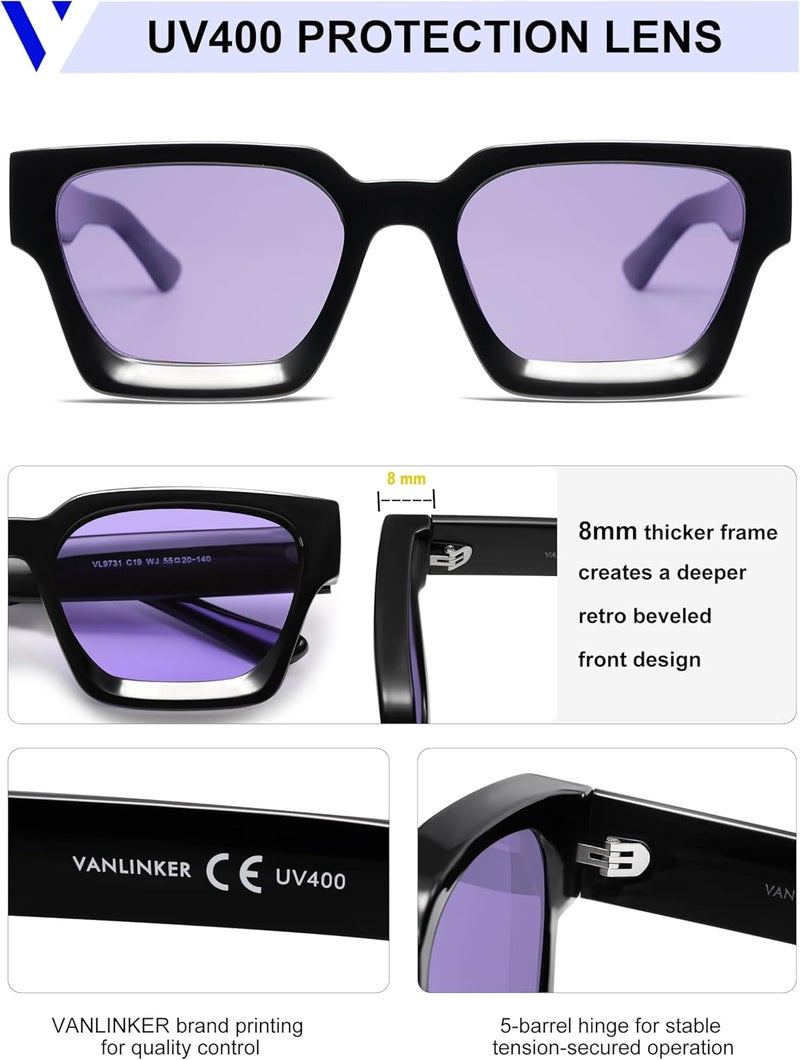 VANLINKER Thick Square Sunglasses for Men Women Retro Chunky Rectangle Shades UV400 Protection VL9731 - Image 4